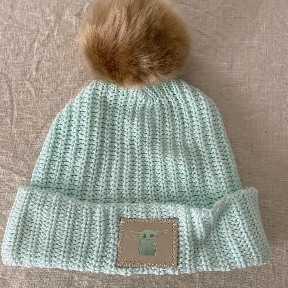 Light Green Knit Beanie with Faux Fur Pom